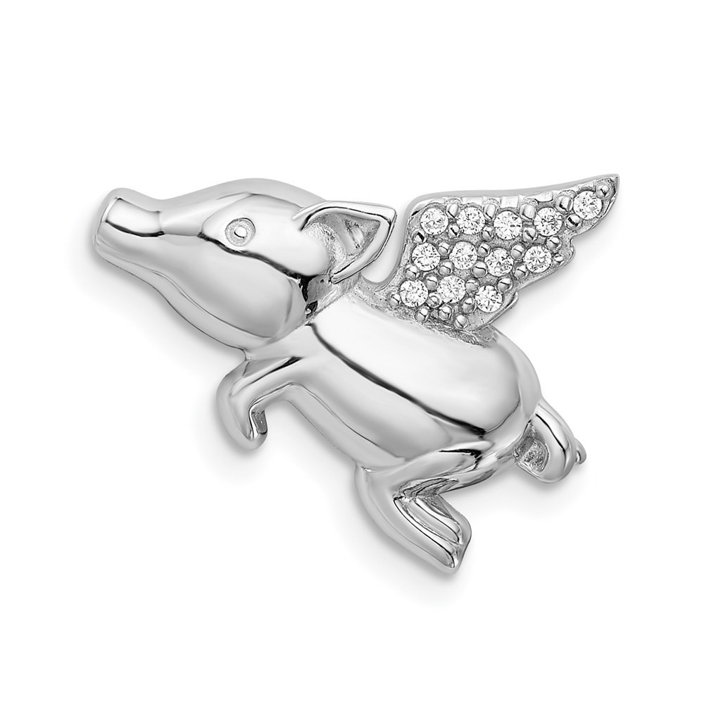 925 Sterling Silver Polished CZ Flying Farm Animal Pig Piglet Chain Slide Charm